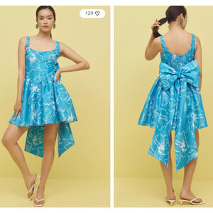 Anthropologie HUTCH Back Bow Basque Waist Mini Dress in Blue Floral L NWT $218